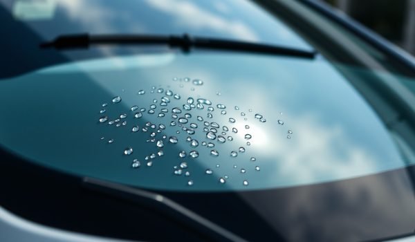 Phủ kính chống nước ô tô với NOMA 911 tạo thành những giọt nước hình tròn trên bề mặt kính, hiển thị hiệu quả chống bám nước tuyệt vời