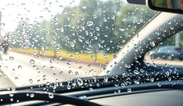 Kính ô tô được phủ kính chống nước có hiệu ứng xốc nước rõ rệt, giọt nước tròn và bóng trên bề mặt