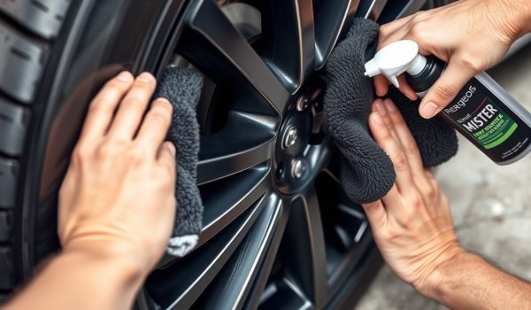 Ảnh minh hoạ phục hồi nhựa đen ô tô: lốp xe được xịt sản phẩm dưỡng và lau bóng bằng khăn microfiber, kết quả màu đen sâu sáng bóng