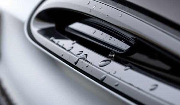 Chi tiết nhựa đen ô tô được phục hồi bóng bẩy, hiển thị độ sâu màu đen và khả năng chống bám nước sau khi sử dụng sản phẩm chăm sóc