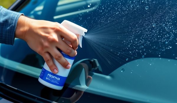 Hình ảnh minh hoạ sử dụng sản phẩm tẩy ố kính ô tô NOMA 911 để phục hồi độ sáng và tạo lớp chống bám nước trên kính xe