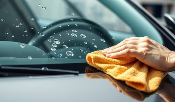 Tẩy ố nước kính ô tô bằng giẻ microfiber, thể hiện hiệu quả phủ chống bám nước trên bề mặt kính trong suốt
