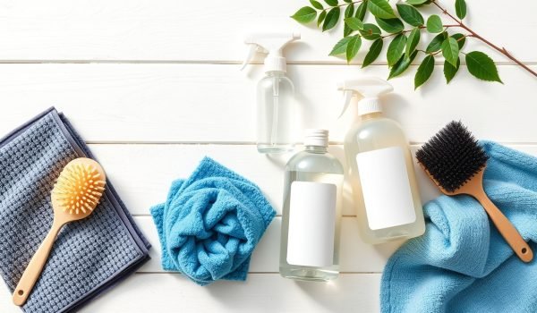 Vệ sinh nội thất ô tó bằng các dụng cụ chuyên dụng: khăn microfiber, bàn chải mềm, dung dịch pH trung tính, được sắp xếp gọn gàng sẵn sàng cho quá trình làm sạch.