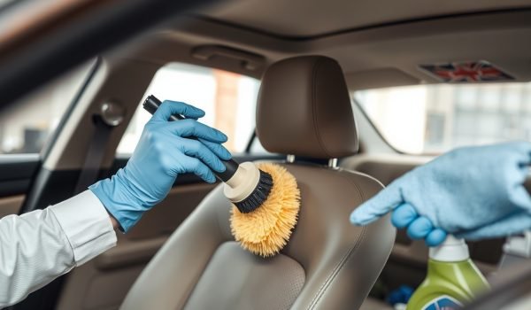 Hình ảnh vệ sinh nội thất ô tô với sản phẩm chuyên dụng, người đeo găng tay chà xát nhẹ ghế da ô tô bằng bàn chải mềm, khăn microfiber và chai sản phẩm sạch bóng